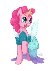 Size: 1098x1524 | Tagged: safe, artist:nebula210, pinkie pie, earth pony, pony, g4, clothes, dress, fake alicorn, fake horn, fake wings, female, food, ice cream, mare, princess dress, simple background, solo, transparent background
