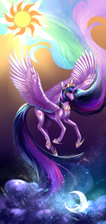 Size: 4630x9824 | Tagged: safe, artist:shu-jeantte, twilight sparkle, alicorn, pony, the last problem, absurd file size, absurd resolution, constellation, crown, cutie mark, ethereal mane, female, hoof shoes, impossibly long mane, jewelry, long mane, moon, necklace, princess twilight 2.0, regalia, solo, sun, tiara, twilight sparkle (alicorn), ultimate twilight