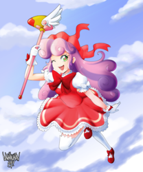 Size: 2500x3000 | Tagged: safe, artist:danmakuman, sweetie belle, human, g4, anime, cardcaptor sakura, clothes, cosplay, costume, crossover, dress, female, gloves, heart eyes, high res, humanized, looking at you, magical girl, one eye closed, open mouth, shoes, smiling, socks, solo, wingding eyes, wink