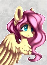 Size: 762x1049 | Tagged: safe, artist:ashen-soul, fluttershy, pegasus, pony, g4, abstract background, bust, chest fluff, female, mare, outline, portrait, smiling, solo, spread wings, three quarter view, white outline, wings