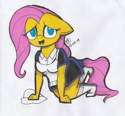 Size: 4958x4599 | Tagged: safe, artist:sebaku, fluttershy, anthro, g4, cleaning, clothes, color, female, fluttermaid, maid, sharpie, socks, solo, traditional art