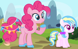 Size: 2512x1592 | Tagged: safe, artist:razorbladetheunicron, pinkie pie, oc, oc:confetti balloon, earth pony, pony, lateverse, g4, alternate universe, base used, bow, colored hooves, daughter, facial markings, female, filly, hair bow, magical lesbian spawn, mare, mother, mother and daughter, next generation, offspring, parent:pinkie pie, parent:vinyl scratch, parents:vinylpie, unshorn fetlocks