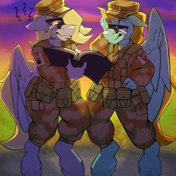 Size: 2048x2048 | Tagged: safe, artist:sintacle, derpy hooves, lightning dust, pegasus, anthro, unguligrade anthro, g4, army, book, duo, duo female, female, glasses, hat, high res, lidded eyes, looking at you, major, smiling, soldier