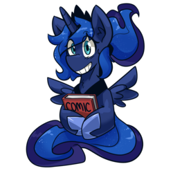 Size: 1600x1600 | Tagged: safe, artist:dracojayproduct, princess luna, alicorn, pony, g4, alternate hairstyle, book, comic book, cute, ear fluff, eye clipping through hair, female, grin, lunabetes, mare, ponytail, simple background, smiling, solo, spread wings, transparent background, wings
