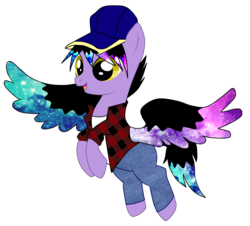 Size: 2531x2287 | Tagged: safe, artist:loyalrainbowdash7, oc, oc only, oc:drift-star, pegasus, pony, baseball cap, cap, clothes, ethereal mane, female, flannel, flying, hat, high res, jeans, mare, pants, raised hoof, shirt, solo, starry mane, starry wings, t-shirt, wings