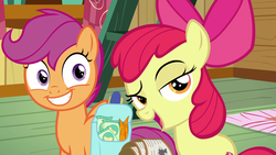 Size: 1920x1080 | Tagged: safe, screencap, apple bloom, scootaloo, earth pony, pony, g4, growing up is hard to do, carrot, clubhouse, crusaders clubhouse, food, ladder, lidded eyes, saddle bag, smug, ticket