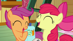 Size: 1920x1080 | Tagged: safe, screencap, apple bloom, scootaloo, earth pony, pony, g4, growing up is hard to do, carrot, clubhouse, crusaders clubhouse, food, ladder, laughing, saddle bag