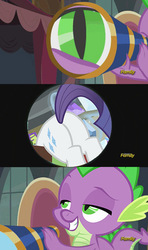 Size: 416x701 | Tagged: safe, edit, edited screencap, editor:clopero overlord, screencap, rarity, spike, dragon, pony, dragon dropped, g4, princess spike, butt, comic, discovery family logo, eyes on the prize, female, gem, looking at butt, male, meme, plot, rearity, screencap comic, ship:sparity, shipping, spike's telescope, straight, telescope, voyeurism