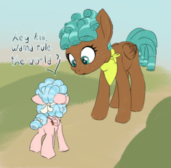 Size: 1527x1500 | Tagged: safe, artist:foal, cozy glow, spur, pegasus, pony, g4, growing up is hard to do, butt, cozy glutes, cozy spur, dialogue, duo, female, filly, foal, plot, similarities, size difference, speech bubble, teenager