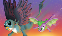 Size: 1700x991 | Tagged: safe, artist:lotus2503, gabby, spike, dragon, griffon, g4, cute, female, flying, male, ship:spabby, shipping, straight, winged spike, wings