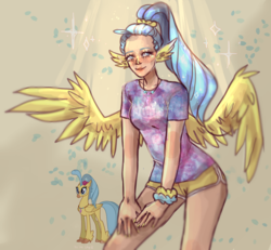 Size: 1378x1271 | Tagged: safe, artist:yoimskyli, princess skystar, classical hippogriff, hippogriff, human, g4, my little pony: the movie, alternate hairstyle, blushing, clothes, female, freckles, humanized, jewelry, nail polish, necklace, shirt, shorts, solo, sports shorts, t-shirt, wing ears, winged humanization, wings, wristband