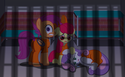 Size: 2423x1500 | Tagged: safe, artist:spellboundcanvas, apple bloom, scootaloo, sweetie belle, earth pony, pegasus, pony, unicorn, g4, growing up is hard to do, season 9, bed, bound wings, bunk bed, butt, clothes, comforting, crying, cute, cutie mark crusaders, diasweetes, horn, horn cap, magic suppression, older, older apple bloom, older scootaloo, older sweetie belle, plot, prison, prison outfit, prisoner, scared, teary eyes, underhoof, wing cuffs, wings