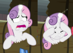 Size: 1191x866 | Tagged: safe, screencap, sweetie belle, pony, unicorn, g4, growing up is hard to do, cropped, female, glowing horn, gritted teeth, hay bale, head in hooves, headache, hoof on head, horn, horrified, magic, mare, older, older sweetie belle, ouch, pain, solo focus, stuck, teleportation