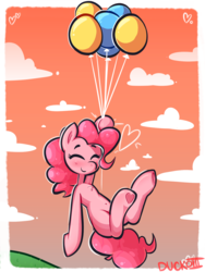 Size: 1224x1624 | Tagged: safe, artist:duckoiii, pinkie pie, earth pony, pony, g4, balloon, belly button, eyes closed, female, floating, flying, happy, mare, ride, smiling, solo, then watch her balloons lift her up to the sky