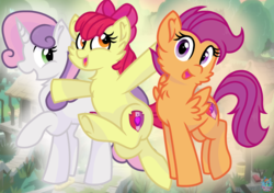 Size: 1913x1345 | Tagged: safe, artist:rainbow eevee, apple bloom, scootaloo, sweetie belle, g4, growing up is hard to do, cheek fluff, chest fluff, cute, cutie mark, cutie mark crusaders, female, growing up, looking at you, older, older apple bloom, older cmc, older scootaloo, older sweetie belle, swamp, wallpaper