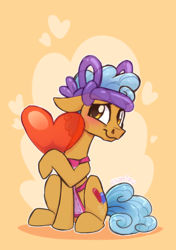 Size: 759x1080 | Tagged: safe, artist:zlayd-oodles, twisty pop, earth pony, pony, forever filly, g4, balloon, balloon hat, blushing, cute, floppy ears, heart, heart balloon, male, sitting, solo, stallion