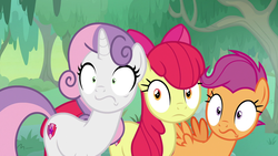 Size: 1920x1080 | Tagged: safe, screencap, apple bloom, scootaloo, sweetie belle, earth pony, pegasus, pony, unicorn, g4, growing up is hard to do, cutie mark, cutie mark crusaders, female, older, older apple bloom, older cmc, older scootaloo, older sweetie belle, scared, shrunken pupils, the cmc's cutie marks
