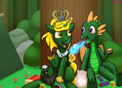 Size: 3322x2395 | Tagged: safe, artist:galacticham, oc, oc only, oc:abigail the beloved skunk, oc:blaze the dragon, oc:prince ecosis, alicorn, dragon, pony, skunk, alicorn oc, animal, camping, food, high res, jewelry, marshmallow, regalia, s'mores, tent