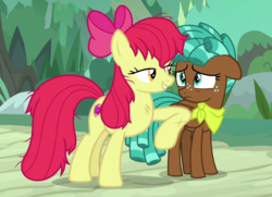 Size: 1080x780 | Tagged: safe, screencap, apple bloom, spur, earth pony, pegasus, pony, g4, growing up is hard to do, cropped, female, lidded eyes, messy mane, out of context, stranger danger