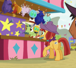 Size: 500x450 | Tagged: safe, screencap, jade spade, mccree, sideshow slim, earth pony, jackalope, parasprite, phoenix, pony, unicorn, ursa major, g4, growing up is hard to do, animated, background characters doing background things, background pony, bucking, butt, cropped, cute, daaaaaaaaaaaw, female, gif, grin, happy, hat tip, horses doing horse things, jadeabetes, male, mare, mouth hold, plot, plushie, smiling, stallion, ursa plush, weapons-grade cute