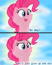 Size: 1300x1607 | Tagged: safe, artist:rainbow eevee, pinkie pie, earth pony, pony, g4, algebra, cloud, dialogue, female, giving up, i want to die, looking down, meme, open mouth, ponified meme, sky, solo, sun, text, wat