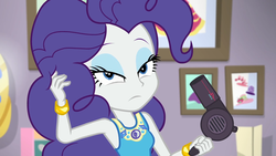 Size: 1920x1080 | Tagged: safe, screencap, rarity, do it for the ponygram!, equestria girls, g4, my little pony equestria girls: better together, alternate hairstyle, bracelet, eyeshadow, female, geode of empathy, geode of shielding, geode of sugar bombs, geode of super speed, geode of super strength, geode of telekinesis, hair dryer, jewelry, lidded eyes, looking at you, magical geodes, makeup, picture frame, pinkie pie hair, pinkity, rarity's bedroom, solo