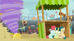 Size: 1920x1080 | Tagged: safe, screencap, ballet jubilee, bloofy, green sprout, waltzer, pony, whirling mungtooth, g4, growing up is hard to do, appleloosa, background pony, colt, cowering, eyes closed, female, filly, gritted teeth, hiding, male, rodeo, scared, tornado, vendor stall