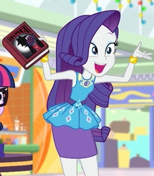 Size: 840x960 | Tagged: safe, screencap, rarity, sci-twi, twilight sparkle, equestria girls, equestria girls specials, g4, my little pony equestria girls: better together, my little pony equestria girls: holidays unwrapped, book, clothes, cropped, detective rarity, happy, pencil skirt, rarity peplum dress, shadow spade, skirt, solo focus