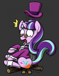 Size: 1006x1280 | Tagged: safe, artist:metalicumbridge, snowfall frost, starlight glimmer, pony, unicorn, g4, abuse, burned, burned butt, campfire, clothes, female, fire, glimmerbuse, hat, literal butthurt, mare, pain, reddened butt, solo, top hat, wide eyes