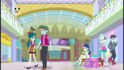 Size: 600x338 | Tagged: safe, screencap, bon bon, brim marco, juniper montage, lyra heartstrings, sweetie drops, track starr, dashing through the mall, equestria girls, equestria girls specials, g4, my little pony equestria girls: better together, my little pony equestria girls: holidays unwrapped, animated, canterlot mall, covering eyes, gif, guess who, plusplus, shipping fuel