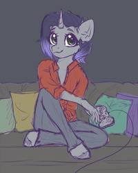 Size: 800x1000 | Tagged: safe, artist:radioaxi, oc, oc only, oc:moonsonat, unicorn, anthro, unguligrade anthro, anthro oc, clothes, colored sketch, controller, couch, cute, female, green eyes, jeans, mare, pants, pillow, shirt, short hair, simple background, sitting, smiling, solo