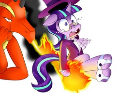 Size: 1280x989 | Tagged: safe, artist:zanezandell, snowfall frost, starlight glimmer, dragon, pony, unicorn, g4, abuse, burned butt, butt fire, clothes, female, fire, fire breath, glimmerbuse, hat, mare, spats, teary eyes, top hat, wide eyes