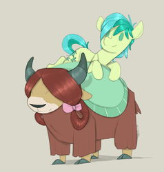 Size: 950x1000 | Tagged: safe, artist:sinrar, sandbar, yona, earth pony, pony, yak, g4, bow, cloven hooves, cute, eyes closed, female, hair bow, happy, lying on top of someone, male, monkey swings, ponies riding yaks, riding, sandabetes, sandbar riding yona, ship:yonabar, shipping, smiling, straight, tan background, yonadorable