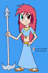 Size: 2089x3185 | Tagged: safe, artist:eagc7, oc, oc only, oc:zyrena, equestria girls, g4, belly button, clothes, commission, equestria girls-ified, female, hand on hip, heterochromia, high res, ko-fi, midriff, patreon, patreon logo, skirt, solo, weapon