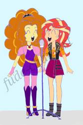 Size: 808x1212 | Tagged: safe, artist:fude-chan-art, adagio dazzle, sunset shimmer, equestria girls, g4, duet, duo, eyes closed, female, microphone, simple background, singing