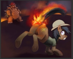 Size: 658x535 | Tagged: safe, artist:kheltari, daring do, pegasus, pony, g4, ass up, bowser, burned butt, butt, butt fire, commission, crossover, daring donk, dock, duo, female, fetish, fire, literal butthurt, male, mare, pain, plot, wide eyes