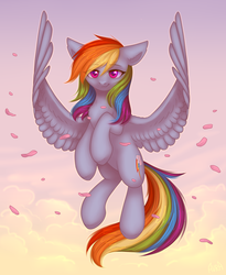 Size: 2050x2500 | Tagged: safe, artist:avrameow, rainbow dash, pegasus, pony, g4, cloud, female, flying, high res, mare, rose petals, solo