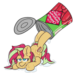 Size: 1600x1550 | Tagged: safe, artist:threetwotwo32232, sunset shimmer, pony, unicorn, g4, alternate cutie mark, can, female, food, hot dog, looking at you, mare, meat, sausage, slime