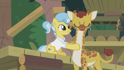 Size: 1600x900 | Tagged: safe, screencap, clementine, doctor fauna, earth pony, giraffe, pony, g4, she talks to angel, clothes, duo, eyes closed, female, mare, massage, platform, shirt, smiling, sweet feather sanctuary, veterinarian