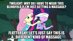 Size: 600x337 | Tagged: safe, edit, edited screencap, screencap, fluttershy, sci-twi, twilight sparkle, equestria girls, g4, my little pony equestria girls: better together, stressed in show, stressed in show: fluttershy, blindfold, caption, female, geode of telekinesis, image macro, magical geodes, memeful.com, text