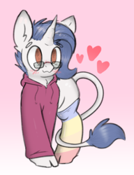 Size: 1944x2535 | Tagged: safe, artist:itsmeelement, oc, oc only, oc:yodi, classical unicorn, pony, unicorn, abstract background, blushing, clothes, cloven hooves, cute, glasses, gradient background, heart, hoodie, horn, leonine tail, male, rainbow socks, socks, stallion, striped socks, thigh highs, unshorn fetlocks