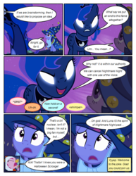 Size: 612x792 | Tagged: safe, artist:newbiespud, edit, edited screencap, screencap, pinkie pie, princess luna, twilight sparkle, alicorn, earth pony, pony, unicorn, comic:friendship is dragons, g4, luna eclipsed, angry, animal costume, chicken pie, chicken suit, cloak, clothes, comic, cosplay, costume, d:, dialogue, ethereal mane, eyes closed, fake beard, female, glowing eyes, hat, implied applejack, implied fluttershy, implied rainbow dash, looking down, looking up, mare, nightmare night costume, open mouth, screencap comic, star swirl the bearded costume, starry mane, twilight the bearded, unicorn twilight, wizard hat