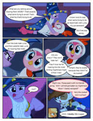 Size: 612x792 | Tagged: safe, artist:newbiespud, edit, edited screencap, screencap, applejack, pinkie pie, pipsqueak, princess luna, twilight sparkle, earth pony, pony, unicorn, comic:friendship is dragons, g4, luna eclipsed, animal costume, bandana, chicken pie, chicken suit, cloak, clothes, colt, comic, confused, cosplay, costume, dialogue, eyepatch, eyes closed, fake beard, female, freckles, glare, grin, hat, looking down, male, mare, nightmare night costume, on back, raised hoof, screencap comic, smiling, star swirl the bearded costume, sword, twilight the bearded, unicorn twilight, weapon, wizard hat