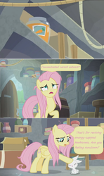 Size: 1600x2694 | Tagged: safe, edit, edited screencap, screencap, angel bunny, fluttershy, pegasus, pony, rabbit, g4, she talks to angel, animal, book, box, carrot juice, comic, concentrated carrot extract, container, door, duo, female, frazzled, hoof on head, jar, ladder, male, mare, rope, screencap comic, shelf, speech bubble, stool, surprised, vase