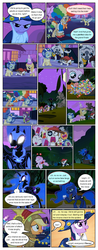 Size: 612x1556 | Tagged: safe, artist:newbiespud, edit, edited screencap, screencap, alula, apple bloom, applejack, dinky hooves, goldengrape, mayor mare, nightmare moon, noi, pipsqueak, piña colada, pluto, scootaloo, sir colton vines iii, spike, sweetie belle, twilight sparkle, zecora, alicorn, dragon, earth pony, ladybug, pegasus, pony, unicorn, zebra, comic:friendship is dragons, g4, luna eclipsed, bandana, candy, cloak, clothes, clown, clown nose, colt, comic, cosplay, costume, cutie mark crusaders, dialogue, disguise, dragon costume, ethereal mane, eyepatch, fake beard, fake fangs, female, filly, food, freckles, glasses, glowing eyes, grin, hat, hoof shoes, looking down, male, mare, mouth hold, nightmare night costume, raised hoof, rearing, red nose, running, scarecrow, scared, screencap comic, smiling, space helmet, stallion, star swirl the bearded costume, starry mane, twilight the bearded, unicorn twilight, wizard hat