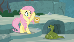 Size: 3840x2160 | Tagged: safe, screencap, antoine, fluttershy, pony, python, snake, g4, she talks to angel, cave, cookie, cookie jar, duo, female, food, frazzled, high res, jar, mare, raised hoof, snake treat
