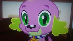Size: 2560x1440 | Tagged: safe, screencap, spike, spike the regular dog, dog, equestria girls, equestria girls series, g4, reboxing with spike!, spoiler:eqg series (season 2), looking at you, male, picture of a screen, solo, spike's dog collar