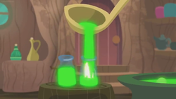 Size: 1600x900 | Tagged: safe, screencap, pony, g4, she talks to angel, cauldron, container, door, glass, glowing, green liquid, ladle, potion, spoon, vase, vial, zecora's hut