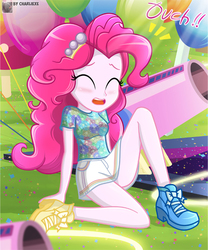Size: 555x668 | Tagged: safe, artist:charliexe, pinkie pie, equestria girls, g4, balloon, clothes, confetti, cute, dialogue, diapinkes, eyes closed, female, injured, legs, open mouth, ouch, party cannon, schrödinger's pantsu, shoes, shorts, solo, thighs