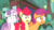 Size: 1376x774 | Tagged: safe, screencap, apple bloom, scootaloo, sweetie belle, earth pony, pegasus, pony, unicorn, g4, growing up is hard to do, bow, cropped, cutie mark, cutie mark crusaders, female, hair bow, mare, narrowed eyes, older, older apple bloom, older cmc, older scootaloo, older sweetie belle, open mouth, scared, shrunken pupils, the cmc's cutie marks, trio